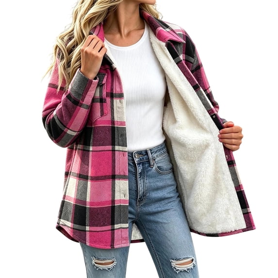 Xdegoge Womens Plaid Shacket Button Down Long Sleeve Flannel Shirt Jacket Casual Fall Winter Outerwear Boyfriend Tops with Pockets