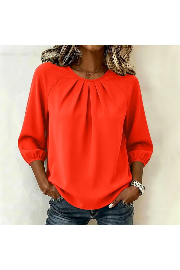 Womens Pleated Front Blouse 3/4 Puff Sleeve Round Neck Tunic Tops Dressy Casual Flowy Chiffon Shirt Business Work Office Wear Summer Fashion Apparel