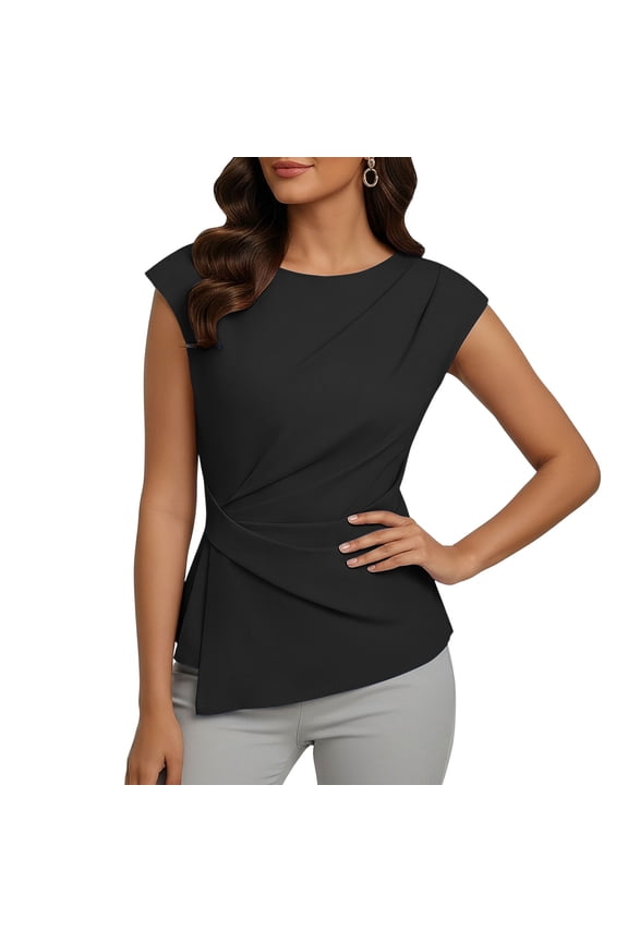 Womens Pleated Front Draped Blouse Boat Neck Cap Sleeve Elegant Formal Office Work Top Modern Slim Fit Asymmetric Hem Solid Color Fashionable Apparel Shirts