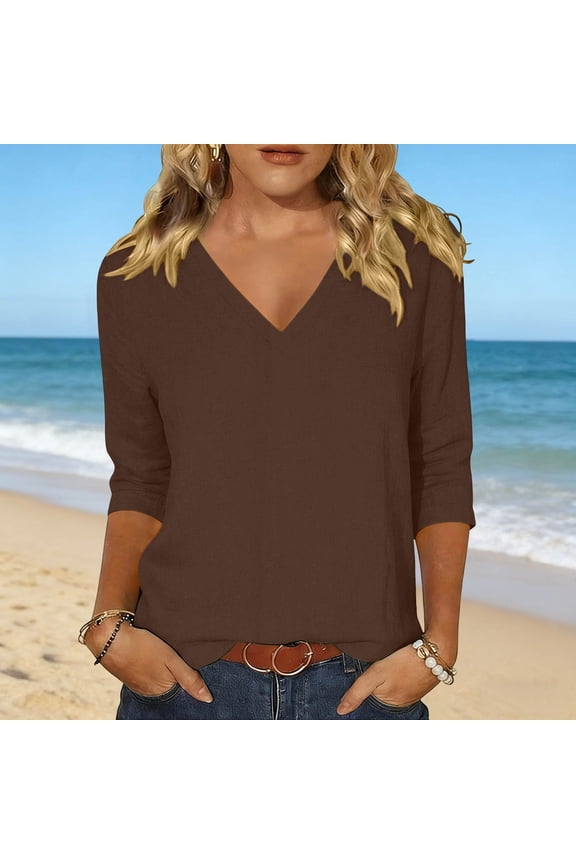 Womens Plus Size 5 Ladies Tops 3/4 Sleeve Trendy V Neck T Shirts Summer Floral Tunic Ladies Tops Loose Fit Dressy Casual Blouses Fashion Vacation Tee Shirts Ropa Mujer