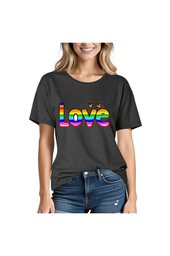Womens Plus Size Pride Heart T-Shirt with Rainbow Flag Print, Knotted Hem Style, Unisex Fit for LGBTQ+ Awareness and Celebration Events