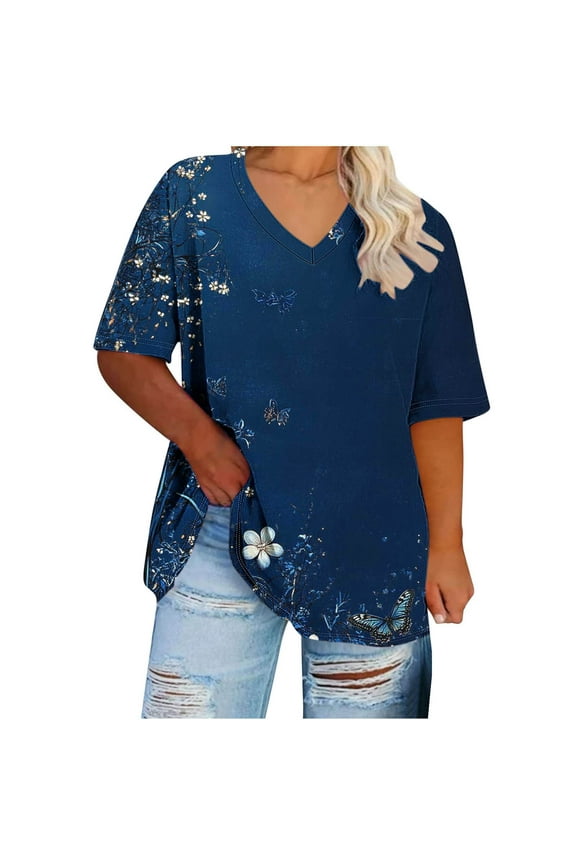 Womens Plus Size T Shirts Oversized V Neck Blouses Short Sleeve Summer Tops Printed Fashion Loose Fit Tunic Tee Shirt Camisas Para Mujer Women Tshirts Under 10 s