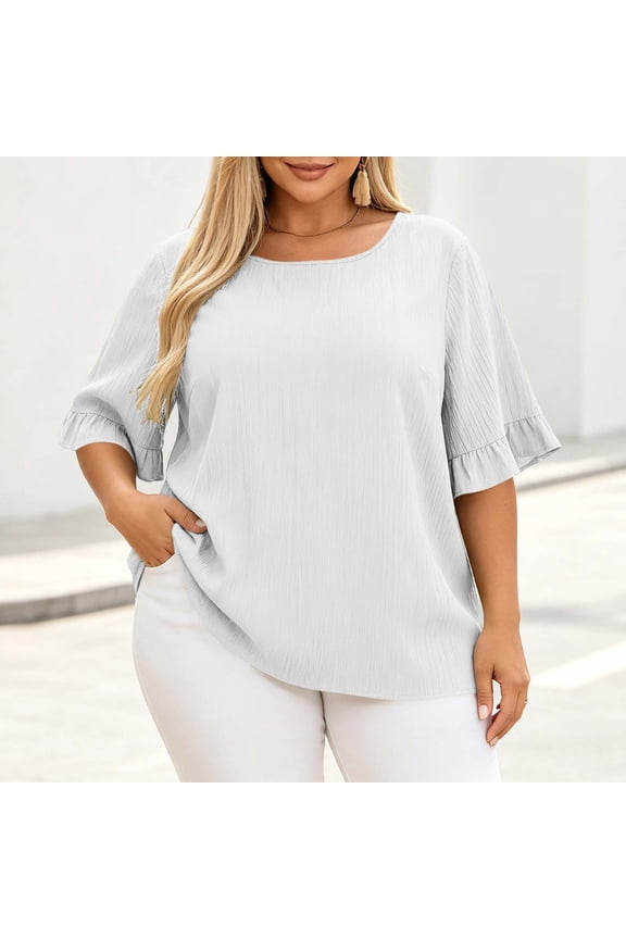 Womens Plus Size Tops Elegant Ruffle Bell Sleeve Blouses Casual Crewneck Ribbed Crepe Textured Shirts Classic Flowy Peasant Tunics Loose Fit Dressy Work Office Summer Tops