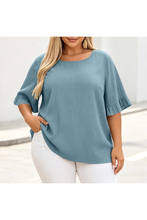 Womens Plus Size Tops Elegant Ruffle Bell Sleeve Blouses Casual Crewneck Ribbed Crepe Textured Shirts Classic Flowy Peasant Tunics Loose Fit Dressy Work Office Summer Tops