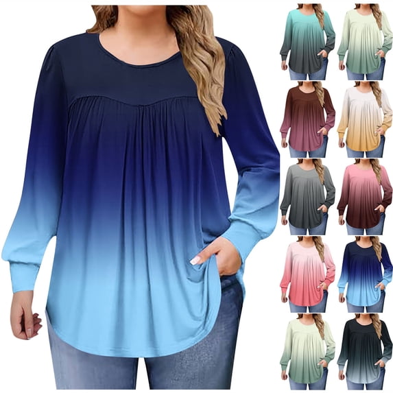 Xdegoge Womens Plus Size Tops Long Sleeve Tunic Loose Fit Gradient Tshirt Dressy Casual Blouses Crew Neck Oversized T Shirts Pleated Front Trendy Y2K Fall Fashion Tee Shirt Vacation Outfits, L-5XL