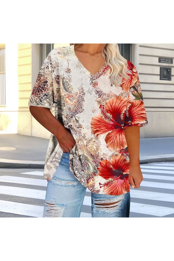 Womens Plus Size Tshirts L Floral Vintage Oversized Loose Fit Shirts Short Sleeve V Neck Tunic T-Shirt Casual Summer Vacation Blouses Plus Size T-Shirts for Women