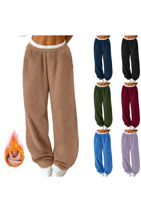 Womens Plush Pants Elastic Waist Wide Leg Bottoms Fleece Lined Sherpa Fuzzy Pants Soft Fall Winter Warm Loung Workout Versatile Casual Wear