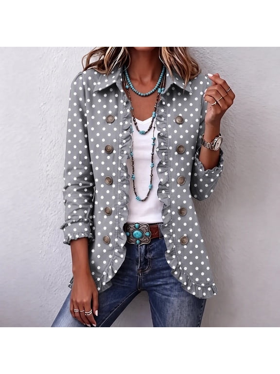 Womens Polka Dot Cardigan Blazer Ruffled Edge Button Up Casual Business Suit Coats Lightweight Long Sleeve Daily Fall Outerwear