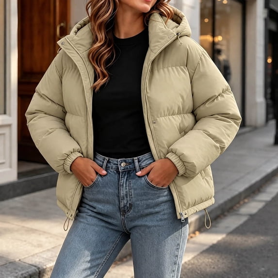Xdegoge Womens Puffer Jacket Zip Up Thick Insulated Quilted Padded Winter Coat with Pockets Cold Weather Warm Hooded Outerwear,Sizes M-4Xl
