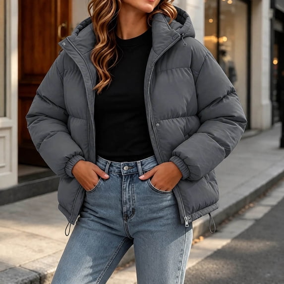 Xdegoge Womens Puffer Jacket Zip Up Thick Insulated Quilted Padded Winter Coat with Pockets Cold Weather Warm Hooded Outerwear,Sizes M-4Xl