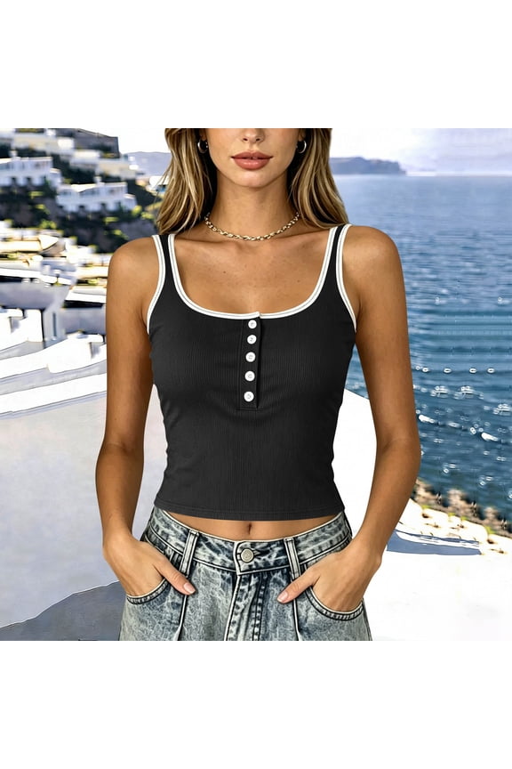 Womens Ribbed Button Front Camisole Top Contrast Trim Spaghetti Strap Scoop Neck Slim Fit Rib Knit Tank Summer Sleeveless Casual Basic Vest Blouse Shirts