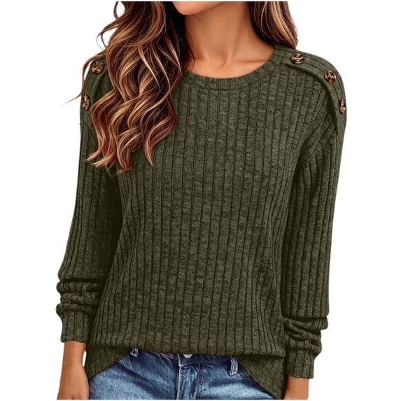 Xdegoge Womens Ribbed Knit Pullover Sweater Crewneck Long Sleeve Slouchy Tops Button Shoulder Detail Casual Cozy Fall Winter Chunky Shirts