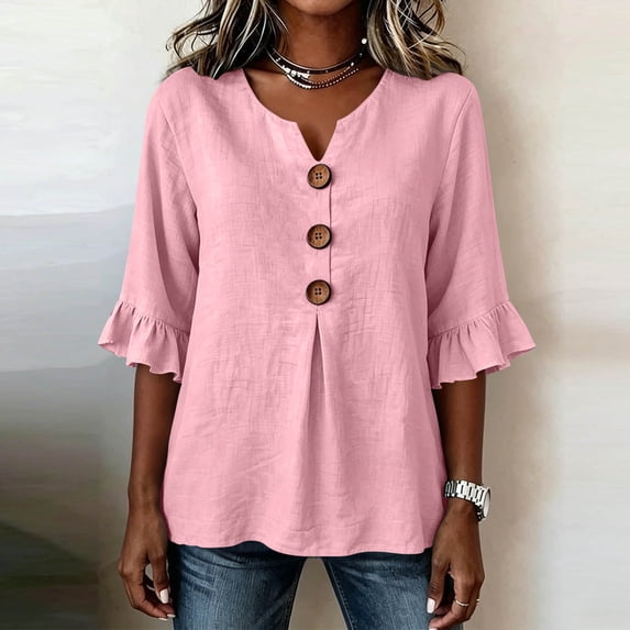 Xdegoge Womens Ruffle Half Sleeve Henley V Neck Shirts Button Down Front Pleated Flowy Tunic Tops Casual Loose Fit Spring Summer Everyday Wear Peasant Vintage Style Tees Blouses