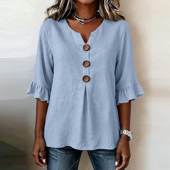 Xdegoge Womens Ruffle Half Sleeve Henley V Neck Shirts Button Down Front Pleated Flowy Tunic Tops Casual Loose Fit Spring Summer Everyday Wear Peasant Vintage Style Tees Blouses