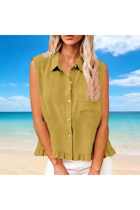 Womens Ruffle Hem Button Down Shirts Sleeveless Collared Dressy Blouses Casual Cotton Linen Textured Peplum Work Office Chest Pocket Summer Flowy Tops Tunics