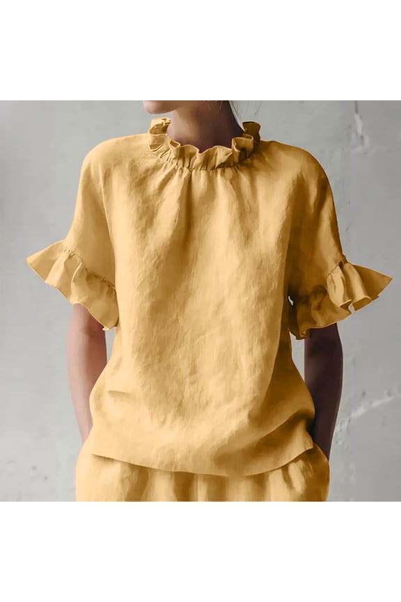 Womens Ruffle Mock Neck Tops Short Bell Sleeve Shirts Casual Loose Fit Linen Textured Blouses Elegant Flowy Summer Holiday Boho Chic Vintage Pullover Tunics