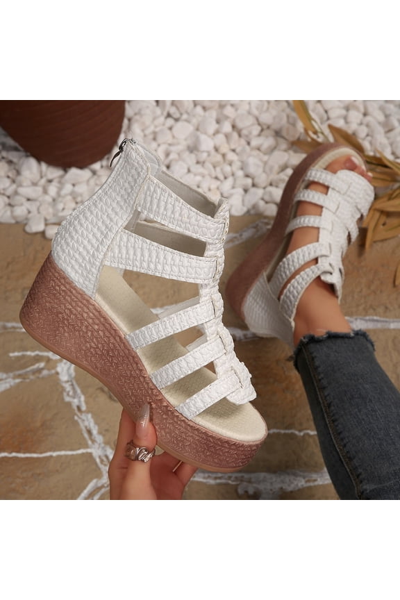 Womens Sandals Casual Summer Open Toe Gladiator Strappy Wedge Flatform Cage Sandals Woven Texture Ankle High Back Zipper Shoes