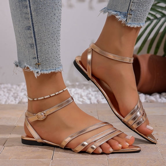 Xdegoge Womens Sandals Open Toe Pointed Flats Multi Patent Straps Ankle Buckle Sandals Summer Dressy Gladiator Wedding Party Shoes