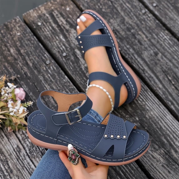 Xdegoge Womens Sandals Open Toe Sporty Gladiator Sandals Multi Straps Laser Cut Studded Ankle Buckle Arch Support Flatform Walking Shoes