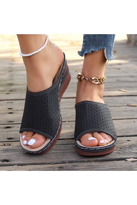 Womens Sandals Perforated Diamond Pattern Wedge Slides Thick Sole Summer Walking Shoes Open Toe Slip On Lightweight Breathable Casual Beach Outdoor Travel Fashion Shoes