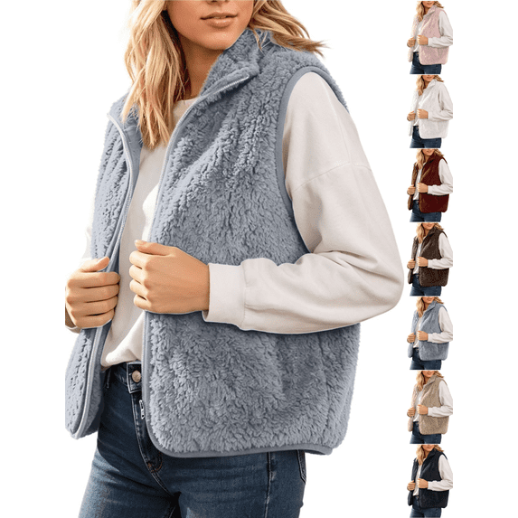 Xdegoge Womens Sherpa Fleece Vest Casual Fuzzy Sleeveless Full Zip Up Stand Collar Warm Fall Winter Jacket Cozy Outerwear with Pockets
