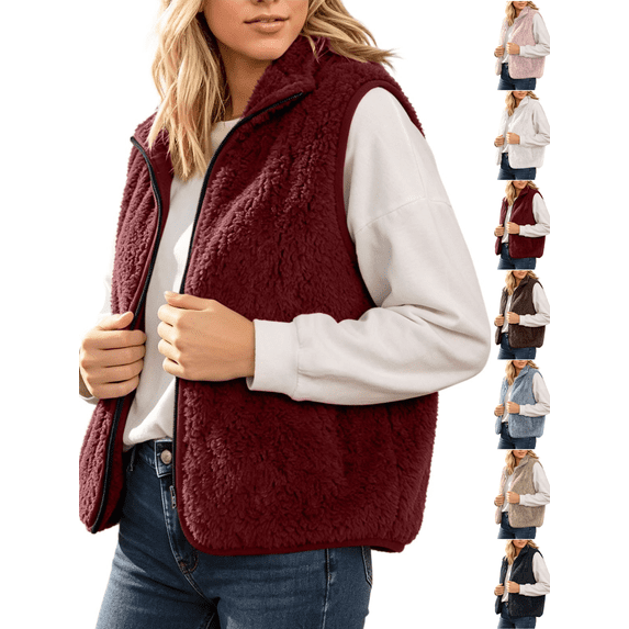 Xdegoge Womens Sherpa Fleece Vest Casual Fuzzy Sleeveless Full Zip Up Stand Collar Warm Fall Winter Jacket Cozy Outerwear with Pockets