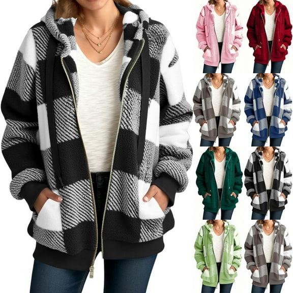 Xdegoge Womens Sherpa Jacket Plaid Fuzzy Fleece Zip Up Hooded Jackets Casual Long Sleeve Oversized Thick Coat with Pockets Warm Winter Coats 2025