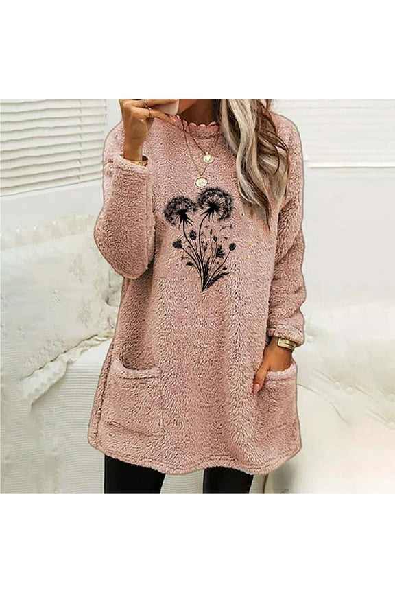 Womens Sherpa Sweatshirt Mid Length Fleece Long Sleeve Thermal Pullover Tops 2025 Winter Crewneck Floral Printed Cozy Sweater Loose Soild Color Warm Fashion Loungewear with Pockets