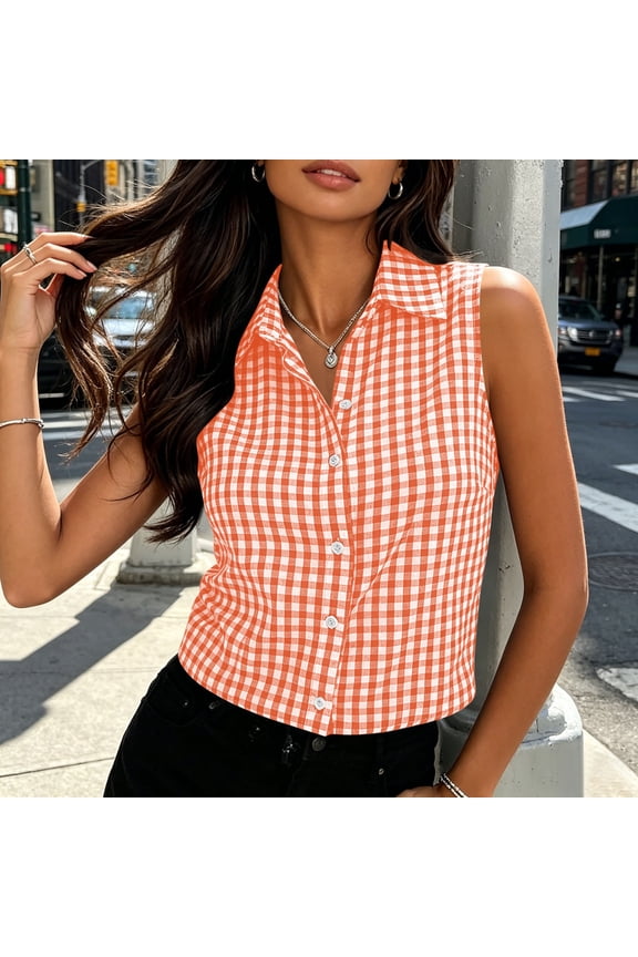 Womens Shirts Plaid Gingham Check Sleeveless Button Down Collared V Neck Slim Fit Casual Blouses Classic Vintage Country Style Breathable Cotton Summer Tops