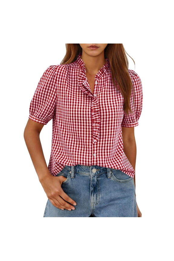 Womens Shirts Retro Gingham Check Short Puff Sleeve V Neck Ruffle Trim Button Down Tops Casual Elegant Summer Vacation Office Wear Lightweight Blouses