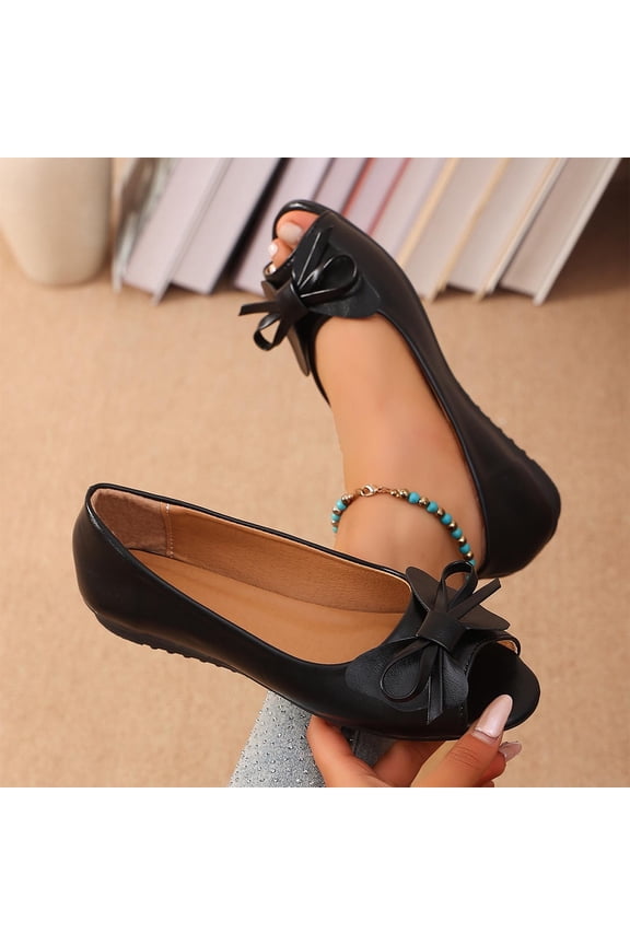 Womens Shoes Open Toe Ballet Flats Bow Knot Decor Peep Toe Slip On Summer Casual Walking Dressy Wedding Party Lightweight Breathable Elegant Ladies Footwear