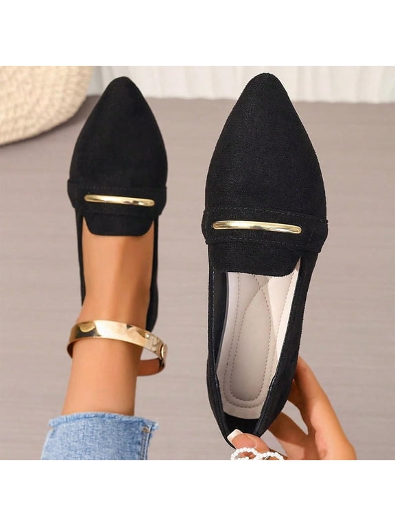 Womens Shoes Pointed Toe Loafers with Elegant Gold Metal Bar Buckle Detail Suede Texture Dressy Flats Closed Toe Professional Office Work Footwear Casual Walking