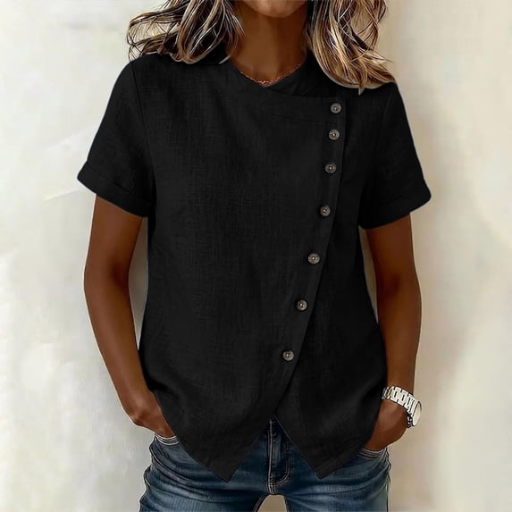 Xdegoge Womens Short Sleeve Button Down Shirts Asymmetrical Stand Collar Casual Regular Fit Tops Solid Trendy Travel Summer Vacation Tees