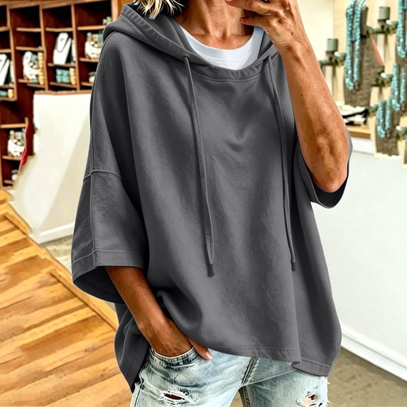Xdegoge Womens Short Sleeve Hoodies Casual Loose Fit Lightweight Drawstring Sweatshirts Comfy Basic Tunic Fall Summer Pullover Tops