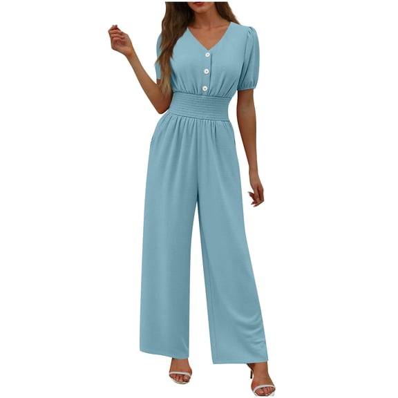 Xdegoge Womens Short Sleeve Jumpsuit V Neck Button Front High Waist Elastic Wide Leg Pants Casual Puff Sleeves Loose Fit Summer Jumpsuits Plus Size