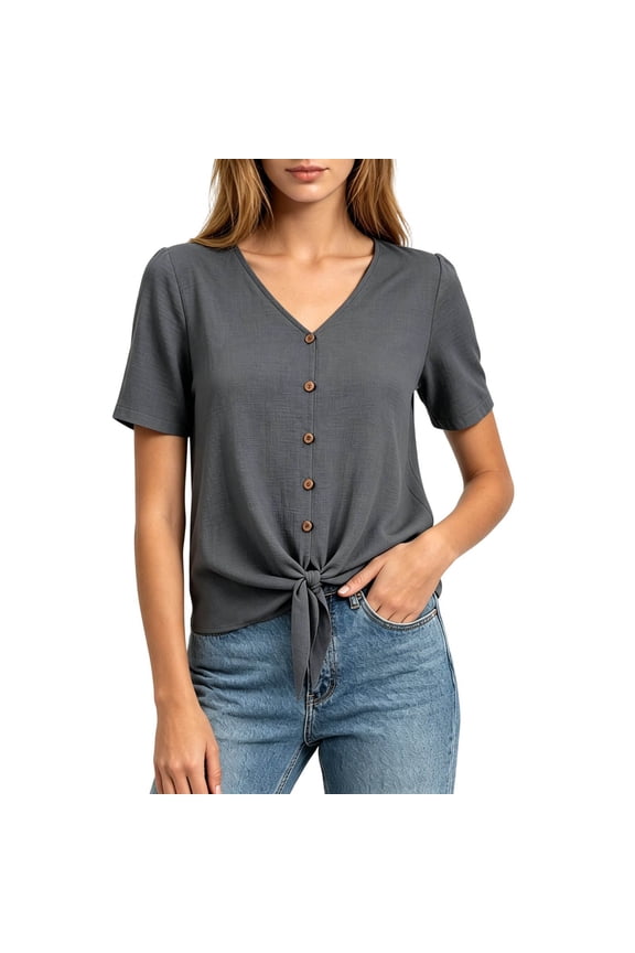Womens Short Sleeve V Neck Button Down Shirts Front Tie Knot Summer Tops Casual Loose Fit Plain Blouses Basic Lightweight Tee Soft Breathable Fashion Apparel Clothing