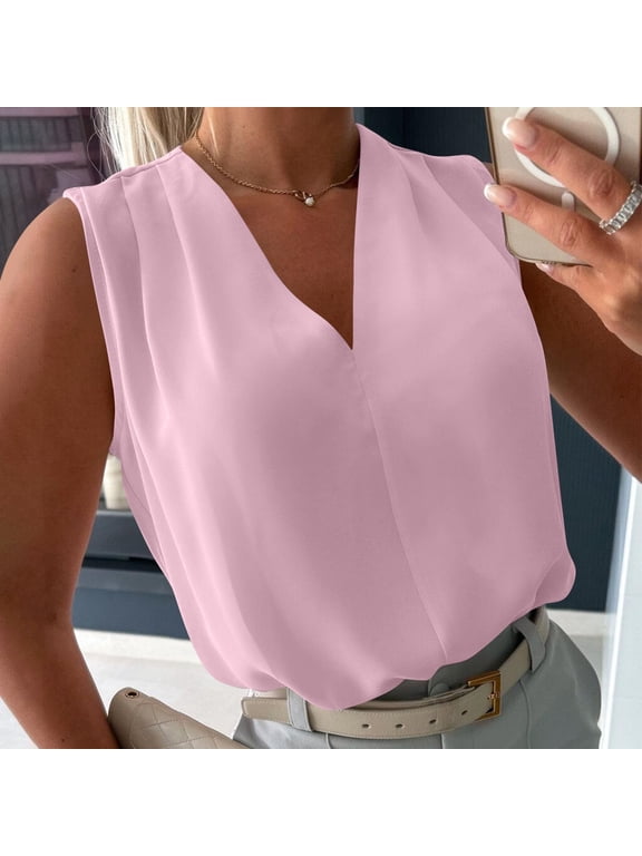 Womens Sleeveless Blouses V Neck Chiffon Tunic Tops Double Layered Front Shell Camisoles Summer Casual Loose Fit Work Office Elegant Professional Dressy Shirts