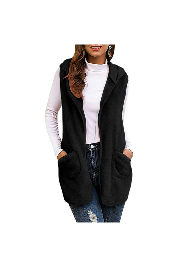 Womens Sleeveless Sherpa Vest with Pockets Full Zip Fleece Hooded Cardigan Sweater Casual Loose Fitting Tank Fashion Solid Color Fuzzy Vests Winter Lightweight Outerwear