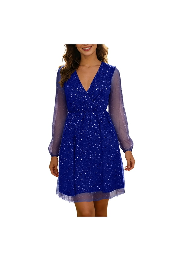 Womens Sparkle Dot Print Sundress with Long Sheer Sleeves, V Neck Wrap Dress for Summer Parties, Casual Beach or Evening Outfits, Stylish and Feminine