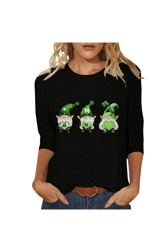 Womens St Patricks Day Top 3/4 Sleeve Realistic Shamrock Grid Print Tee Casual Round Neck Loose Fit Soft Blouse for Holiday Festival Party Wear