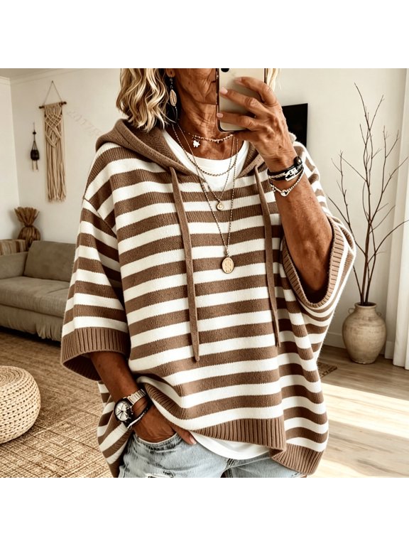 Womens Striped Short Sleeve Sweater Hoodie Casual Drawstring Pullover V Neck Loose Fit Lightweight Knit Tops for Spring Summer Fall Everyday Knitwear