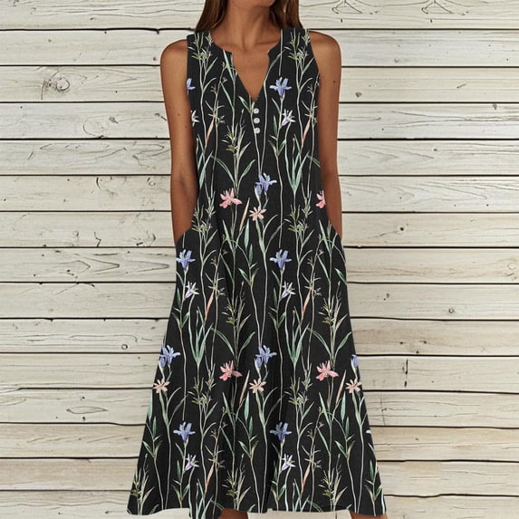 Xdegoge Womens Summer Dresses Flowy A-Line Fit V-Neck Midi Dresses Sleeveless Bohemian Dress Floral Print with Pockets Casual Beach Holiday Vacation