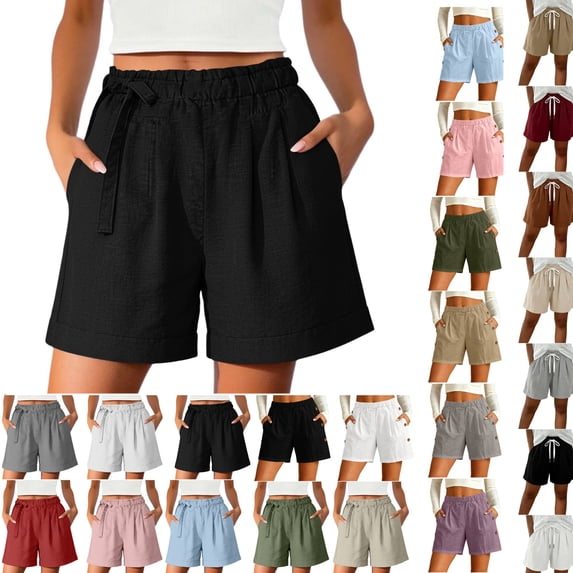 LEKWK Womens Summer Shorts Linen Drawstring Lightweight Elastic Waist Shorts with Pockets Mid Rise Loose Fit Bermuda Shorts Casual Lounge Beach Vacation Everyday Wear Black L