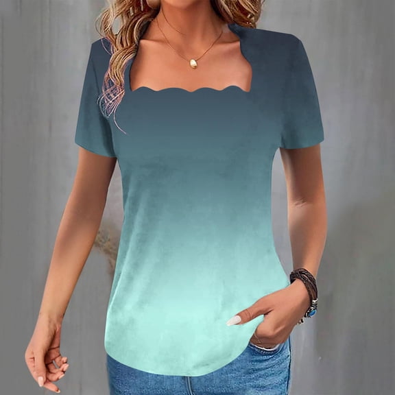 Xdegoge Womens Summer Tops Square Neck Shirts Short Sleeve Tops Dressy Casual Tunic Blouses Gradient Fashion Loose Fit T Shirts Mothers Day