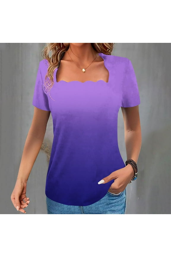 Womens Summer Tops Square Neck Shirts Short Sleeve Tops Dressy Casual Tunic Blouses Gradient Fashion Loose Fit T Shirts