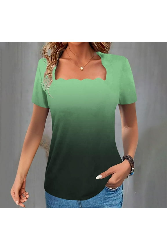 Womens Summer Tops Square Neck Shirts Short Sleeve Tops Dressy Casual Tunic Blouses Gradient Fashion Loose Fit T Shirts
