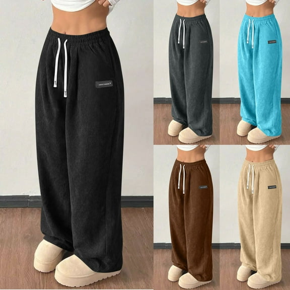 Xdegoge Womens Sweatpants with Pockets Straight Leg Drawstring Waist Corduroy Pants Letter Print Casual Baggy Sweat Pant Y2K Fashion Cozy Trousers 2025