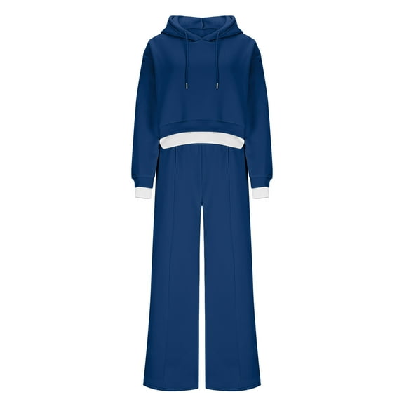 Xdegoge Womens Sweatsuit Cropped Patchwork Long Sleeve Hoodies High Waist Wide Leg Pants with Pockets Trendy 2 Piece Sets Loose Casual Tracksuit 2025 Fall Outfits