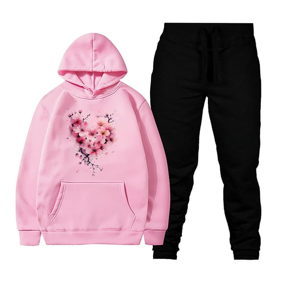Xdegoge Womens Sweatsuits 2 Piece Set Floral Print Long Sleeve Hooded Sweatshirt Casual Drawstring Hoodie Y2K Sport Lounge Outfits Joggers High Waist Loose Sweatpants 2025 Stylish Cozy Tracksuit