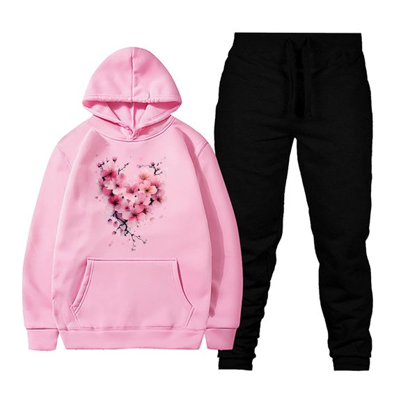 Xdegoge Womens Sweatsuits 2 Piece Set Floral Print Long Sleeve Hooded Sweatshirt Casual Drawstring Hoodie Y2K Sport Lounge Outfits Joggers High Waist Loose Sweatpants 2025 Stylish Cozy Tracksuit